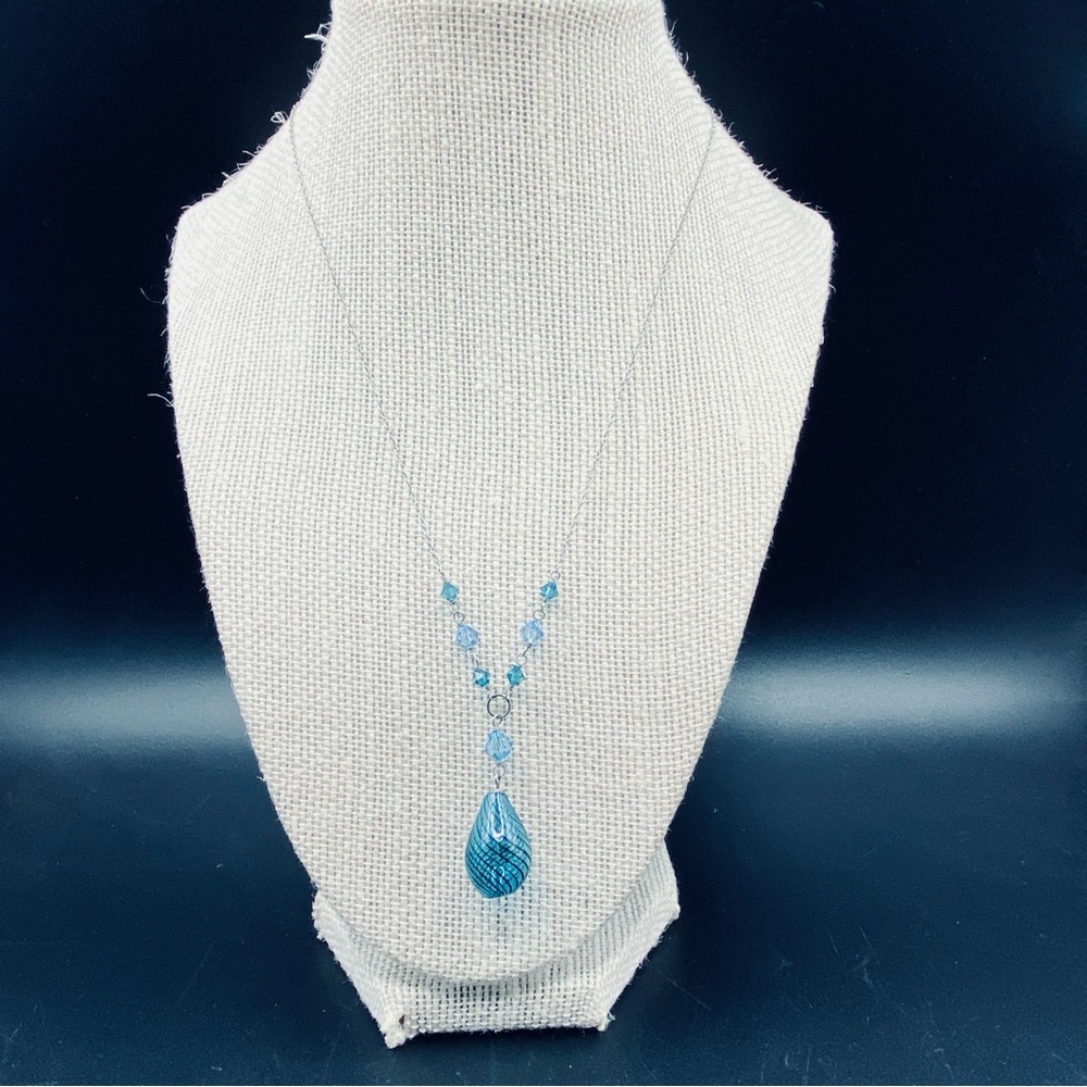 Art Glass Necklace Clear Blue Crystal Beads Italian Chain 18”